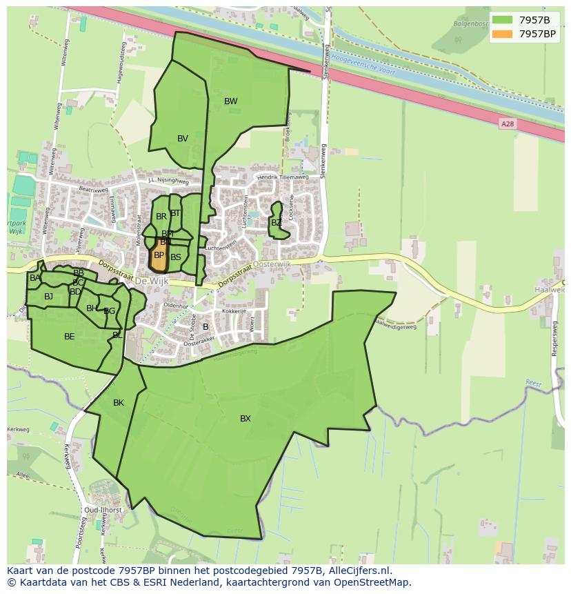 Afbeelding van het postcodegebied 7957 BP op de kaart.