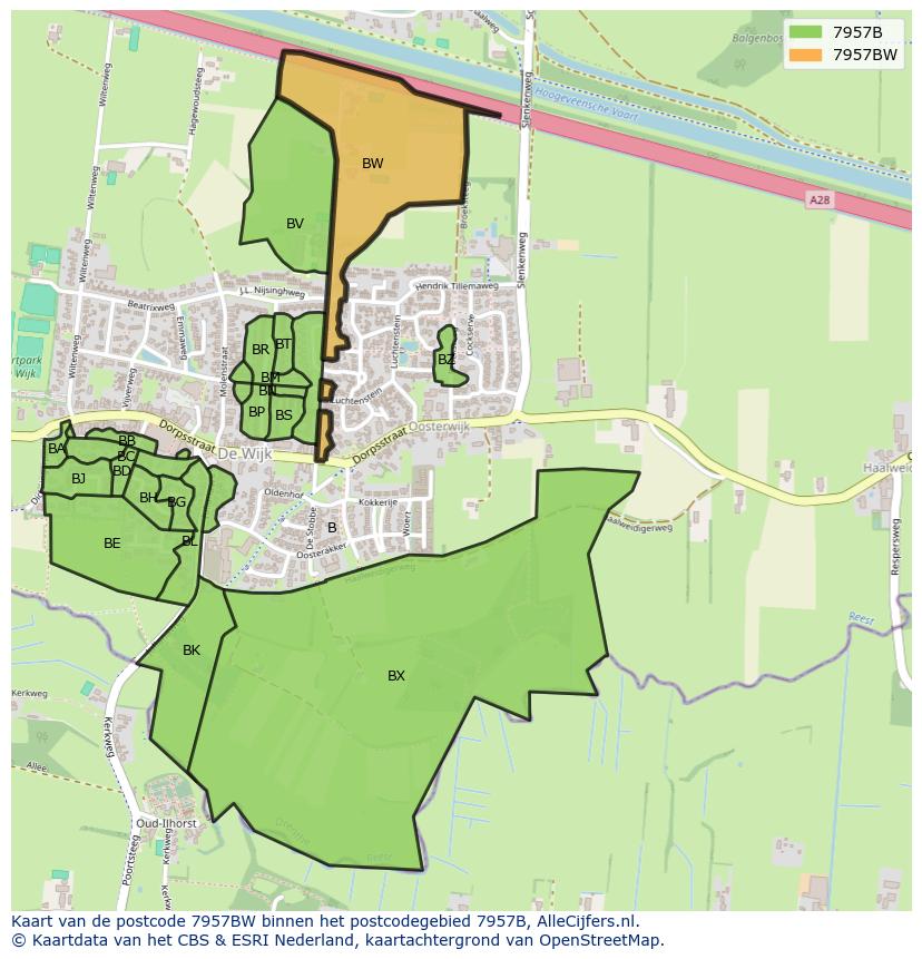 Afbeelding van het postcodegebied 7957 BW op de kaart.