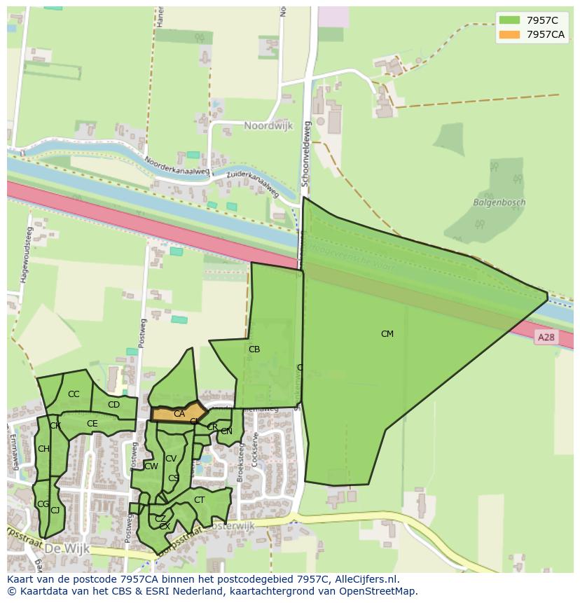 Afbeelding van het postcodegebied 7957 CA op de kaart.