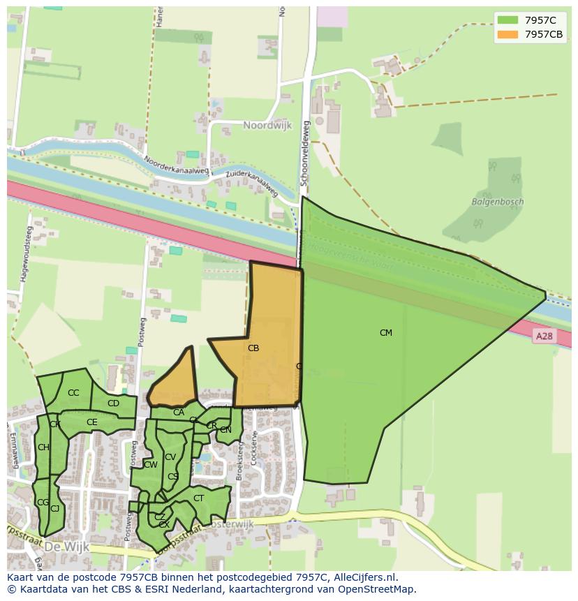 Afbeelding van het postcodegebied 7957 CB op de kaart.