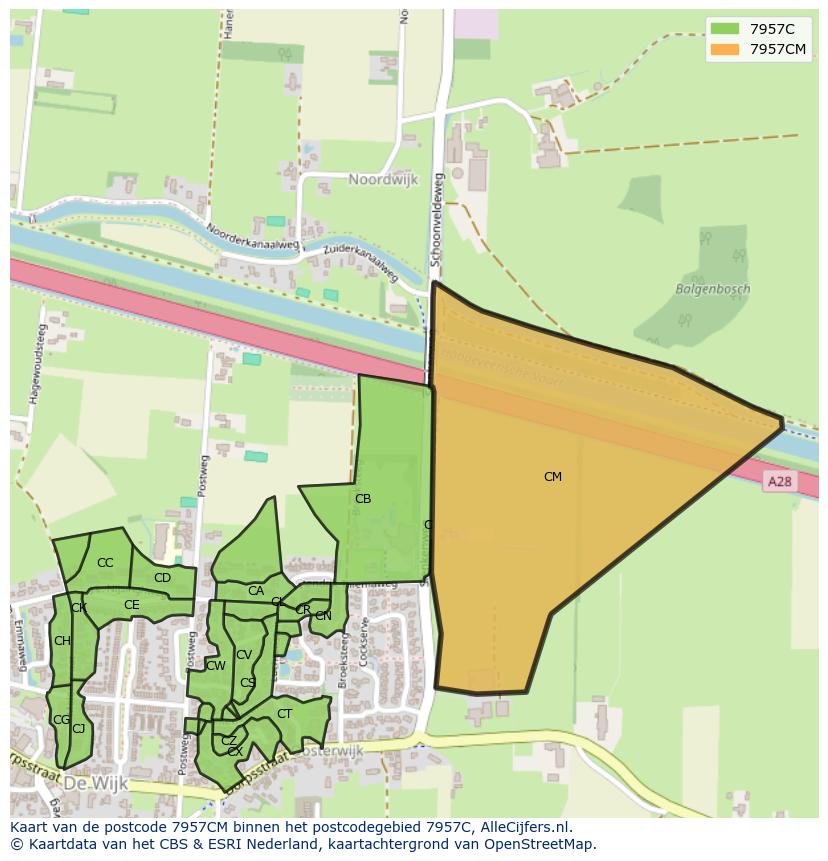 Afbeelding van het postcodegebied 7957 CM op de kaart.