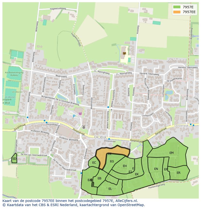 Afbeelding van het postcodegebied 7957 EE op de kaart.