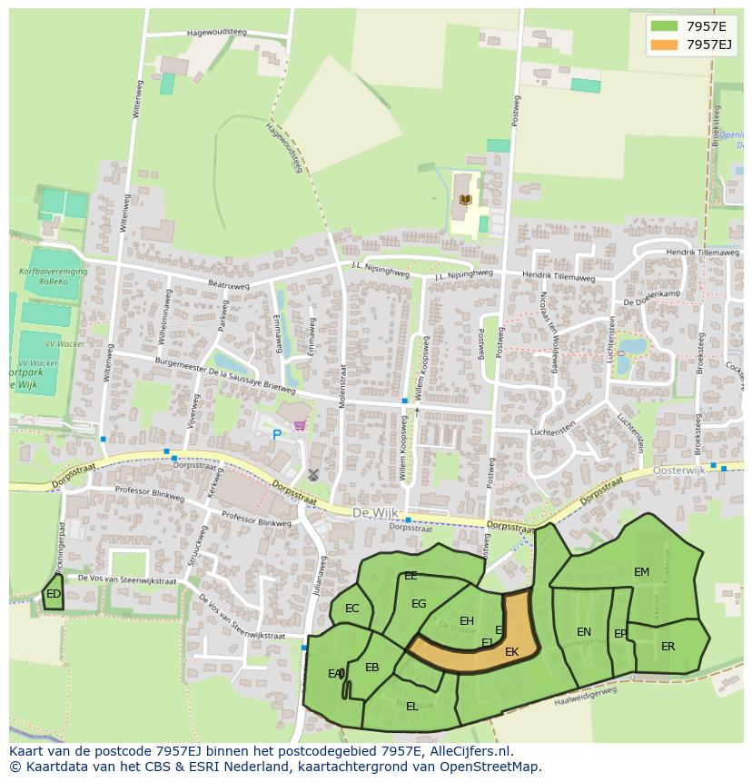 Afbeelding van het postcodegebied 7957 EJ op de kaart.