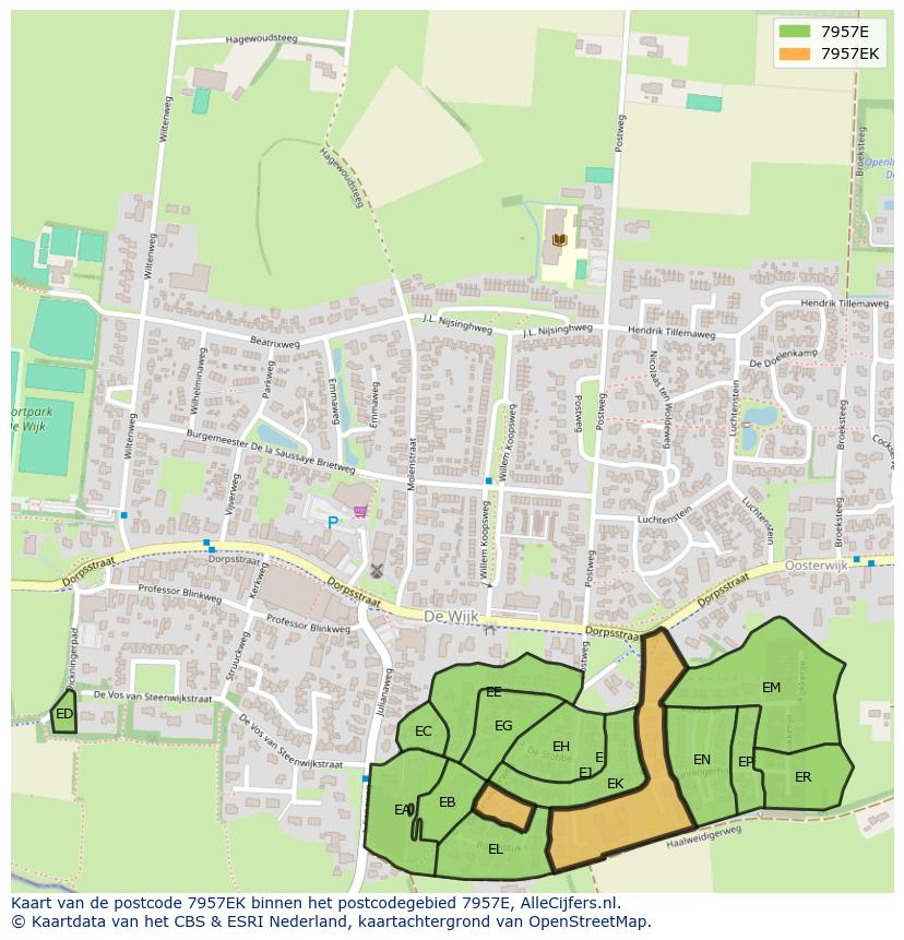 Afbeelding van het postcodegebied 7957 EK op de kaart.