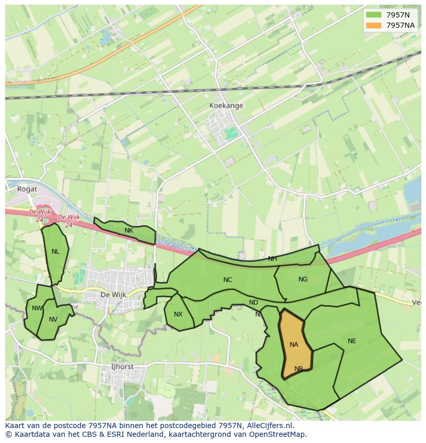 Afbeelding van het postcodegebied 7957 NA op de kaart.