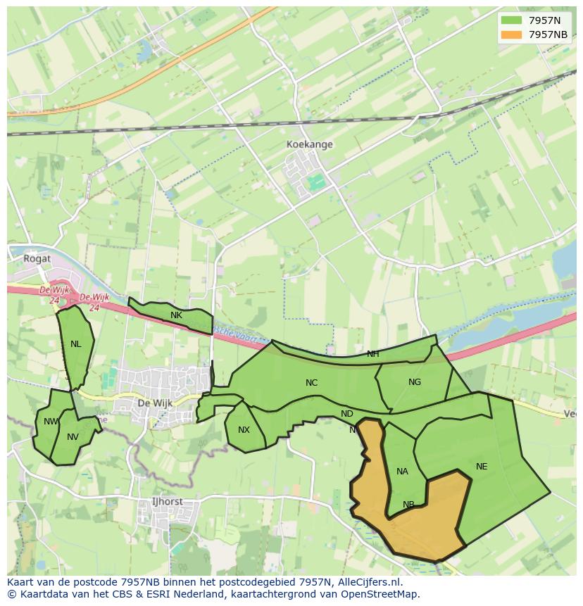 Afbeelding van het postcodegebied 7957 NB op de kaart.