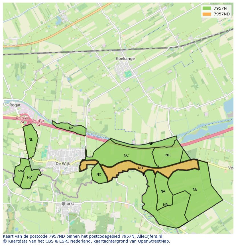 Afbeelding van het postcodegebied 7957 ND op de kaart.