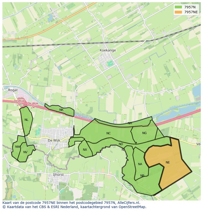 Afbeelding van het postcodegebied 7957 NE op de kaart.