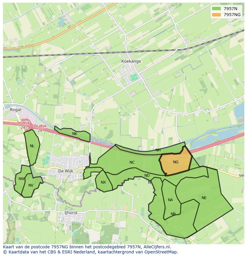 Afbeelding van het postcodegebied 7957 NG op de kaart.