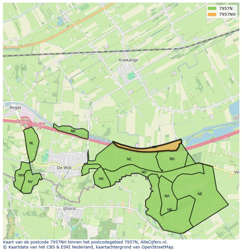 Afbeelding van het postcodegebied 7957 NH op de kaart.