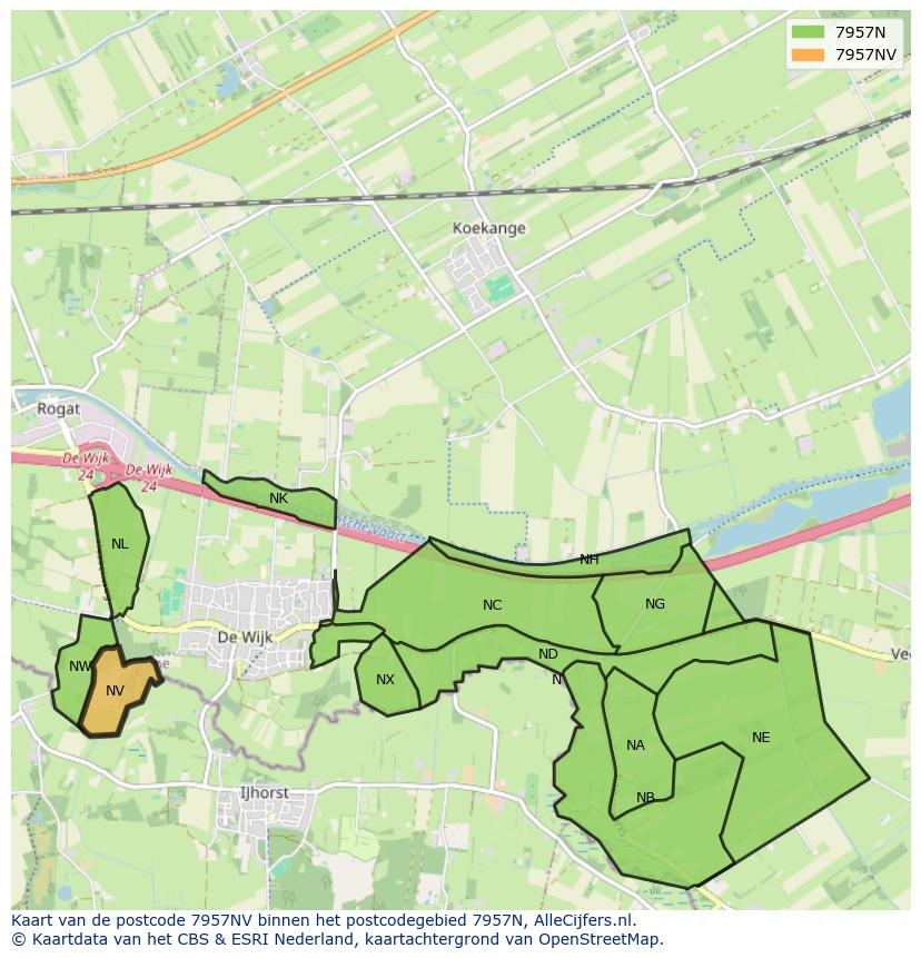 Afbeelding van het postcodegebied 7957 NV op de kaart.