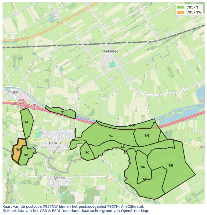 Afbeelding van het postcodegebied 7957 NW op de kaart.