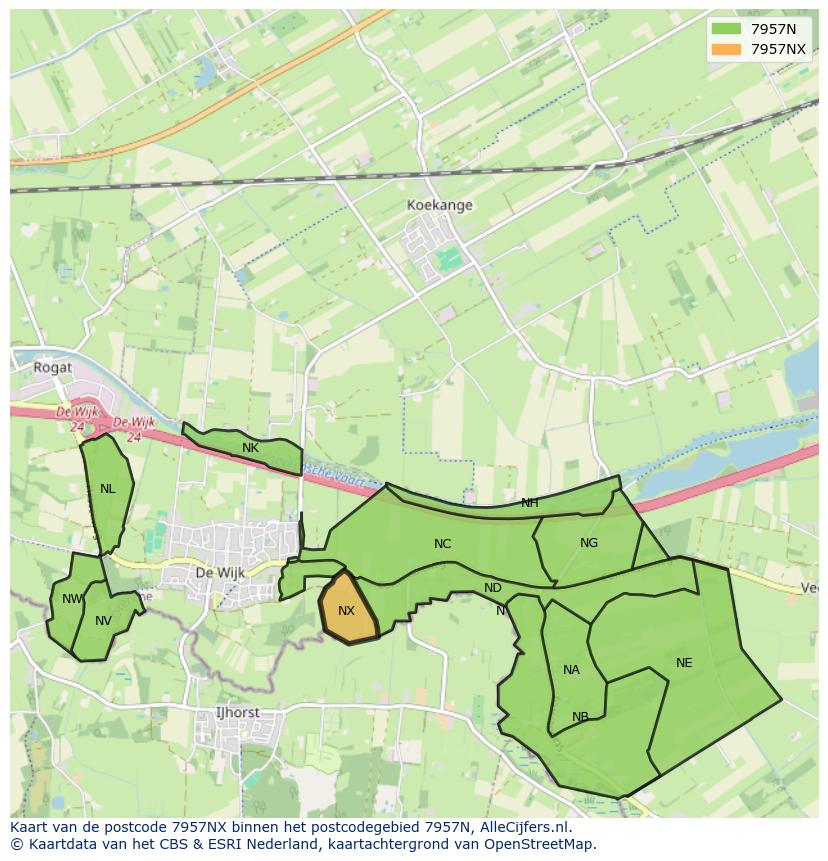 Afbeelding van het postcodegebied 7957 NX op de kaart.