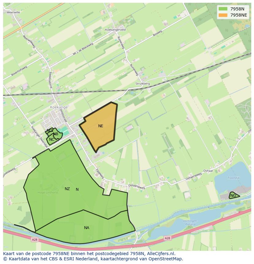 Afbeelding van het postcodegebied 7958 NE op de kaart.