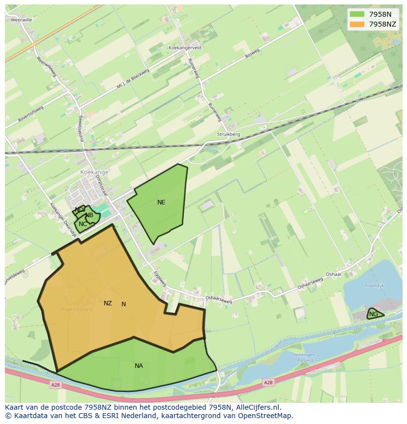 Afbeelding van het postcodegebied 7958 NZ op de kaart.