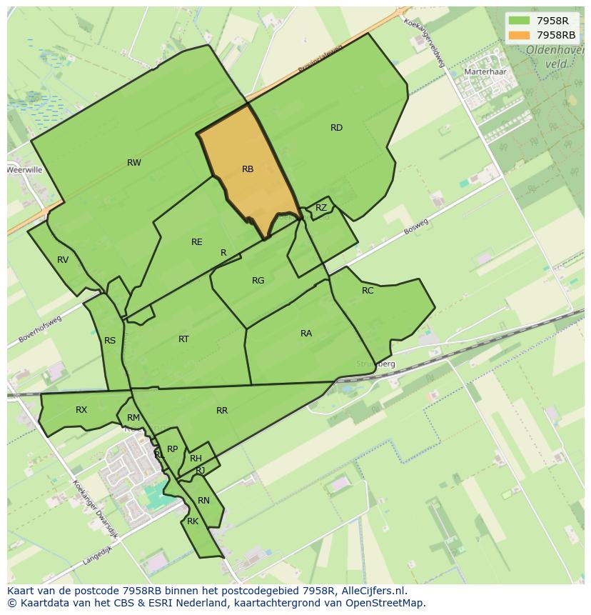 Afbeelding van het postcodegebied 7958 RB op de kaart.
