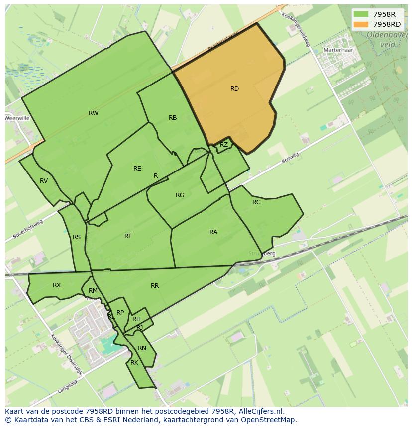Afbeelding van het postcodegebied 7958 RD op de kaart.