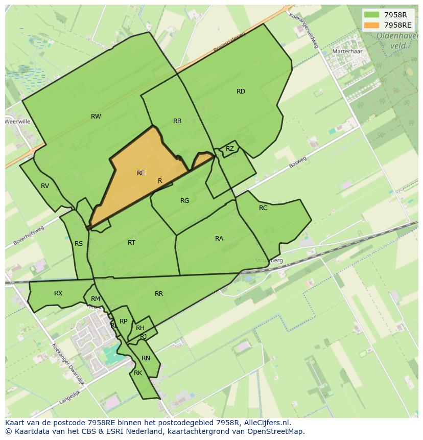 Afbeelding van het postcodegebied 7958 RE op de kaart.