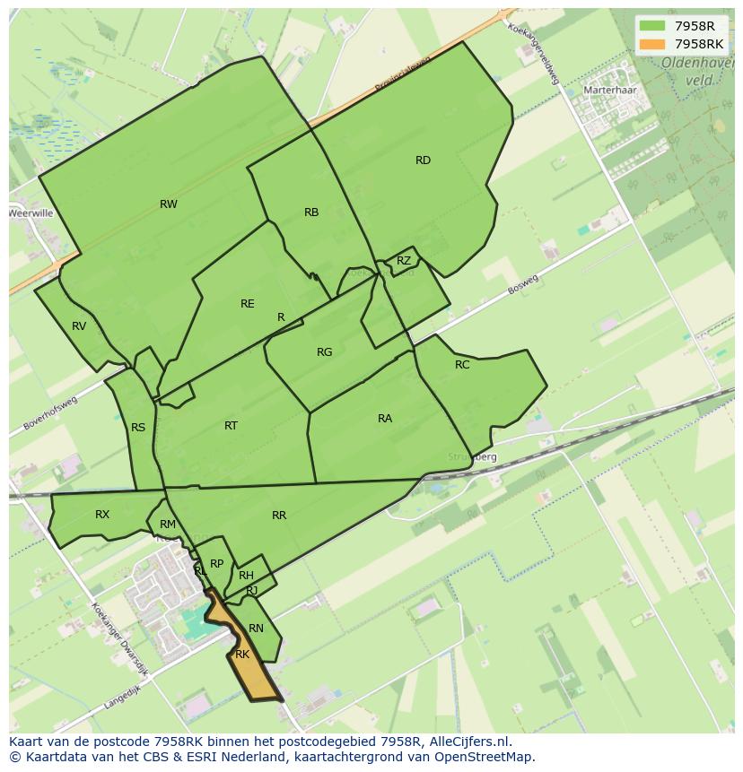 Afbeelding van het postcodegebied 7958 RK op de kaart.