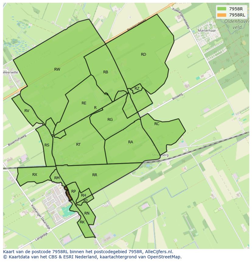 Afbeelding van het postcodegebied 7958 RL op de kaart.
