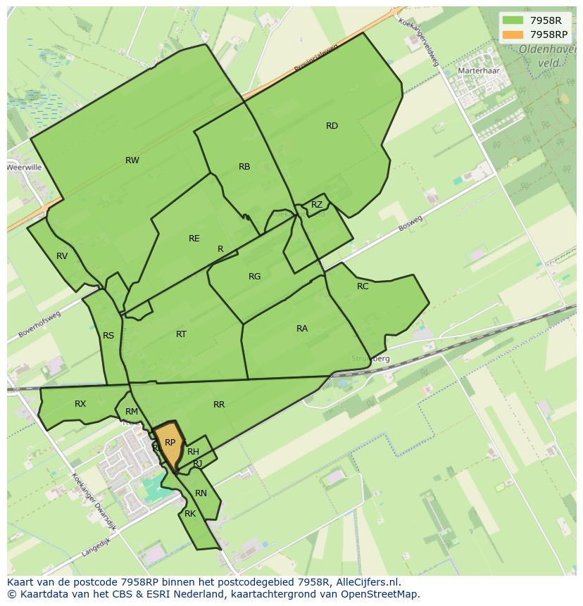 Afbeelding van het postcodegebied 7958 RP op de kaart.