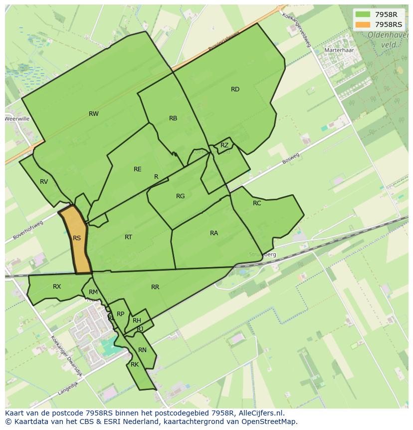 Afbeelding van het postcodegebied 7958 RS op de kaart.