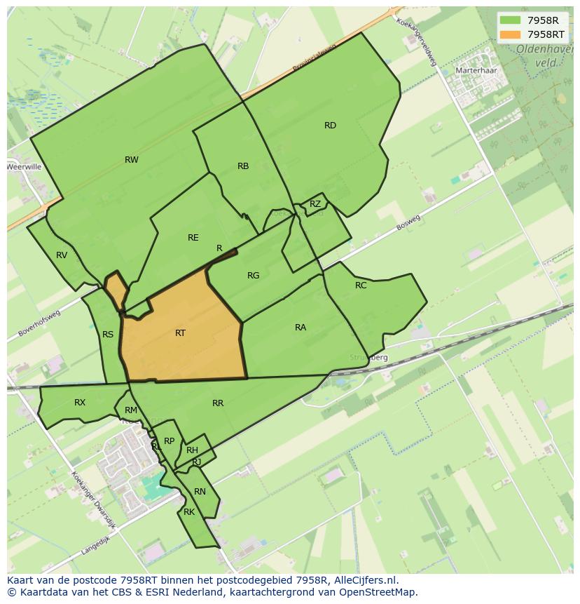 Afbeelding van het postcodegebied 7958 RT op de kaart.