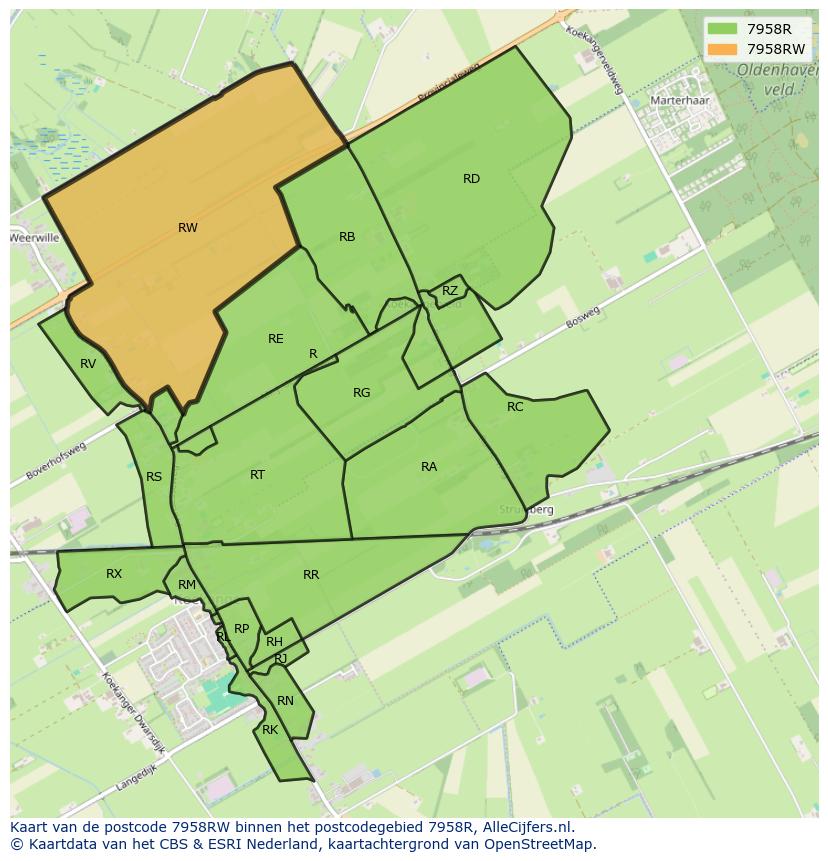 Afbeelding van het postcodegebied 7958 RW op de kaart.