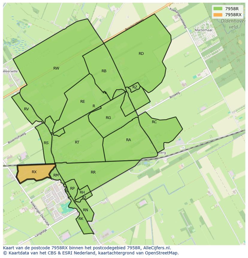 Afbeelding van het postcodegebied 7958 RX op de kaart.