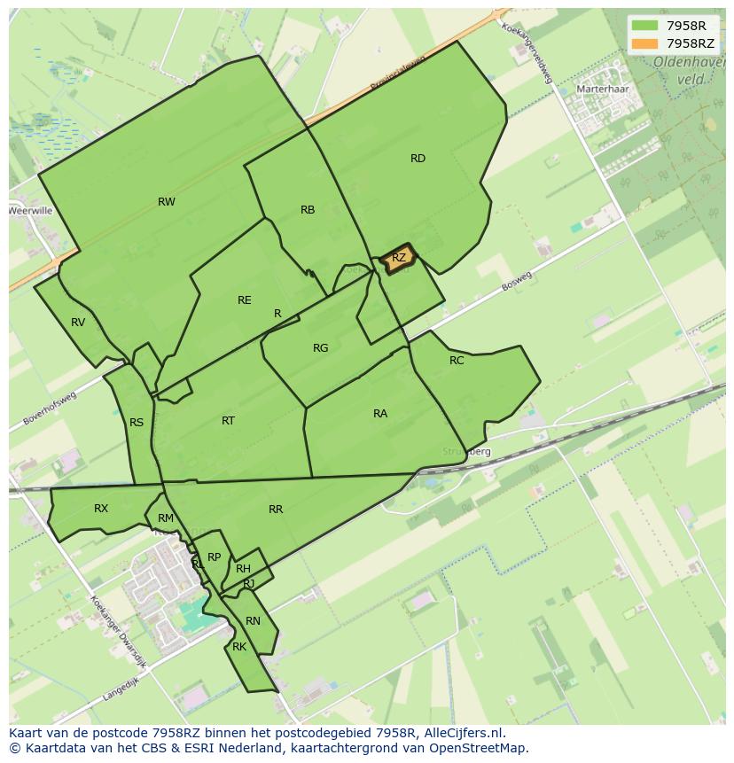 Afbeelding van het postcodegebied 7958 RZ op de kaart.