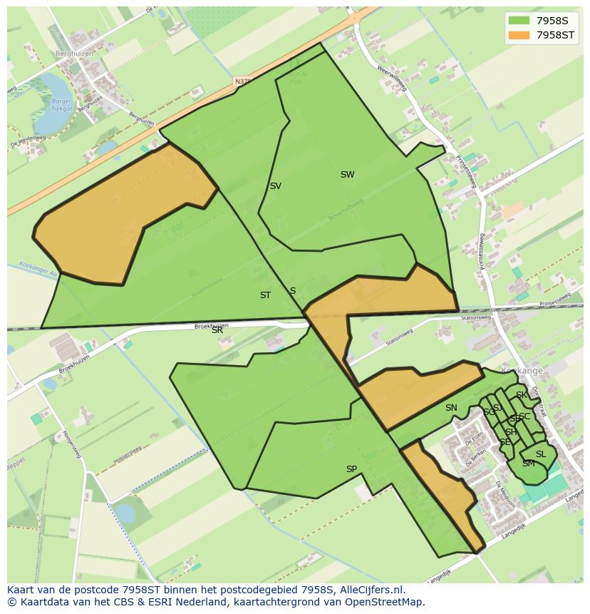 Afbeelding van het postcodegebied 7958 ST op de kaart.