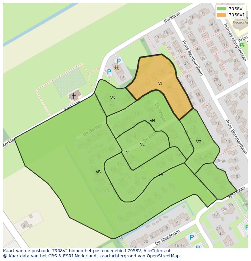 Afbeelding van het postcodegebied 7958 VJ op de kaart.