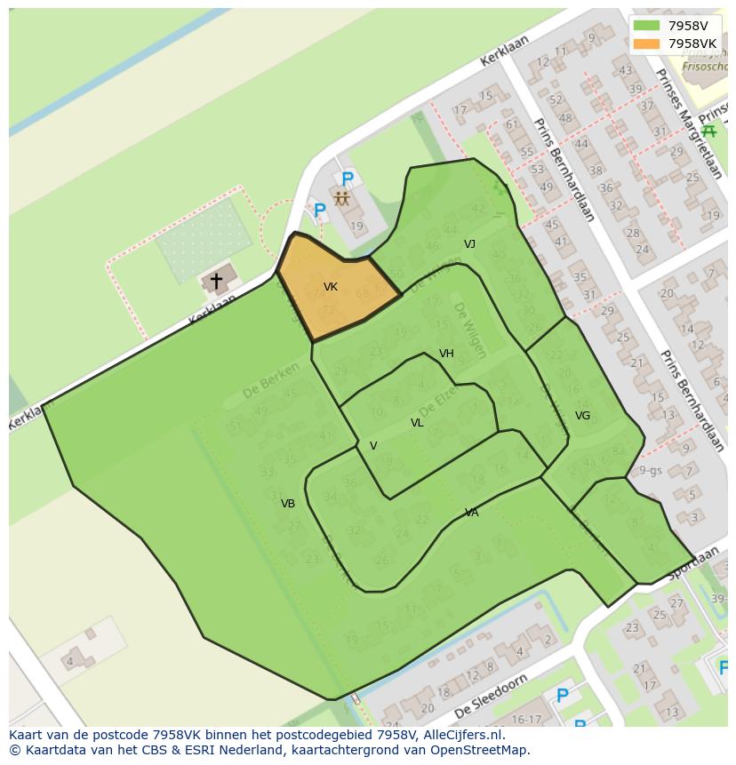 Afbeelding van het postcodegebied 7958 VK op de kaart.