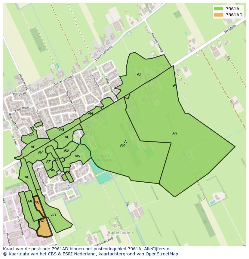 Afbeelding van het postcodegebied 7961 AD op de kaart.