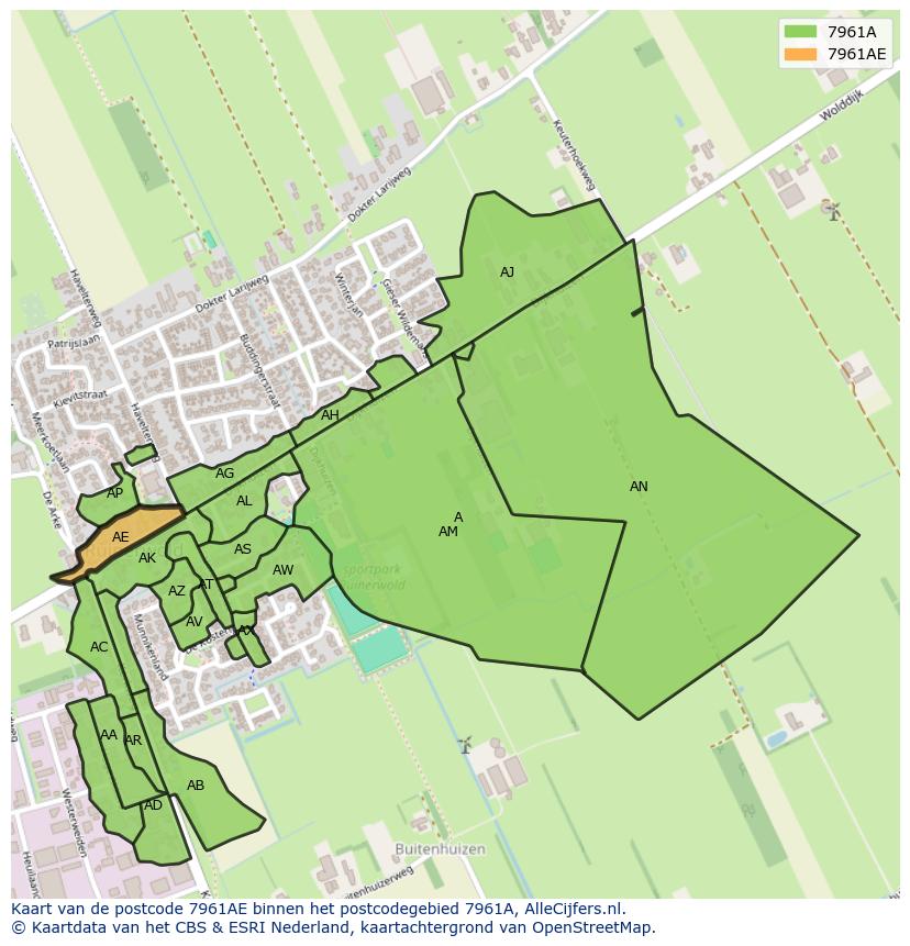 Afbeelding van het postcodegebied 7961 AE op de kaart.