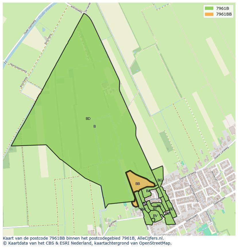 Afbeelding van het postcodegebied 7961 BB op de kaart.