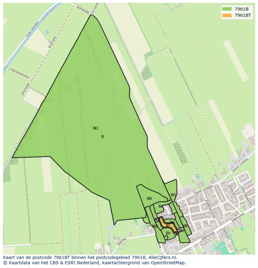 Afbeelding van het postcodegebied 7961 BT op de kaart.