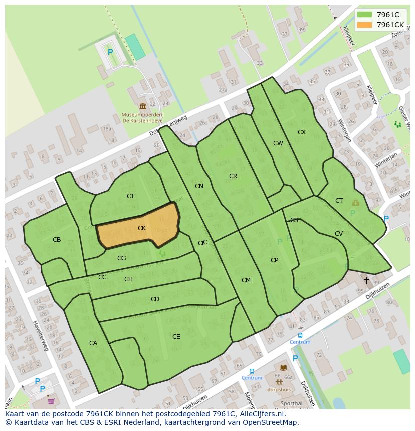 Afbeelding van het postcodegebied 7961 CK op de kaart.