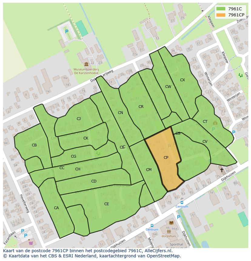 Afbeelding van het postcodegebied 7961 CP op de kaart.