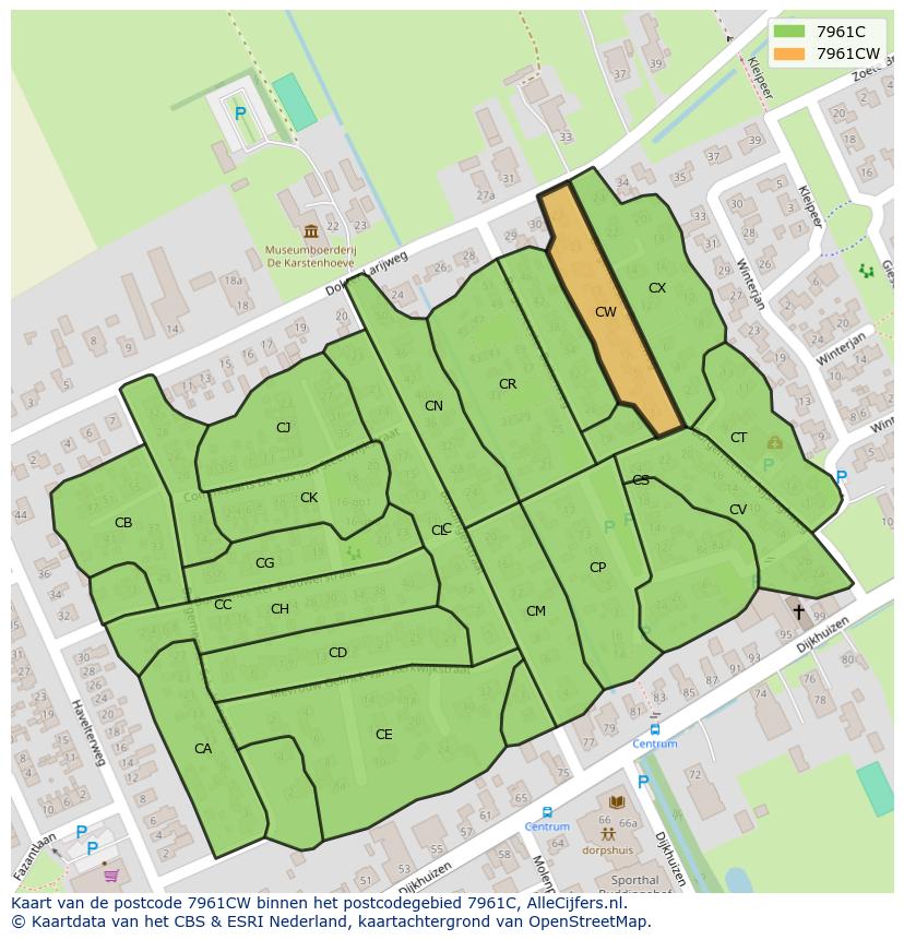 Afbeelding van het postcodegebied 7961 CW op de kaart.