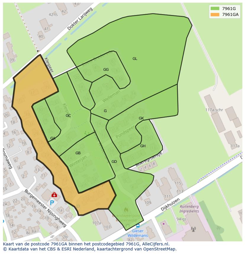 Afbeelding van het postcodegebied 7961 GA op de kaart.