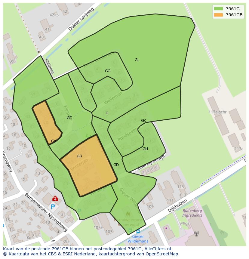 Afbeelding van het postcodegebied 7961 GB op de kaart.