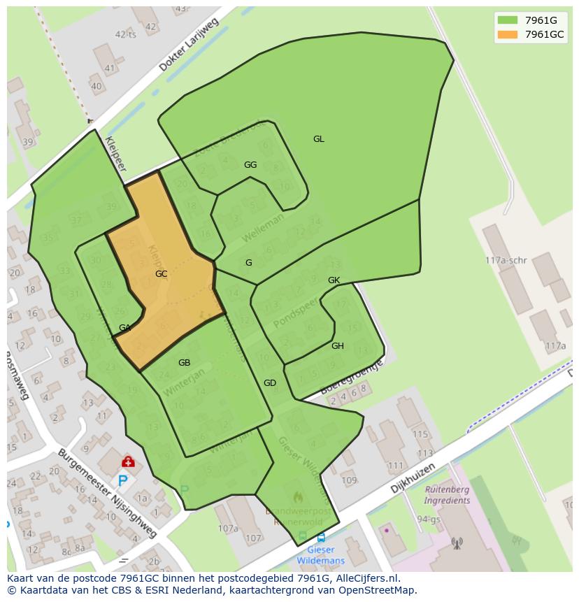 Afbeelding van het postcodegebied 7961 GC op de kaart.