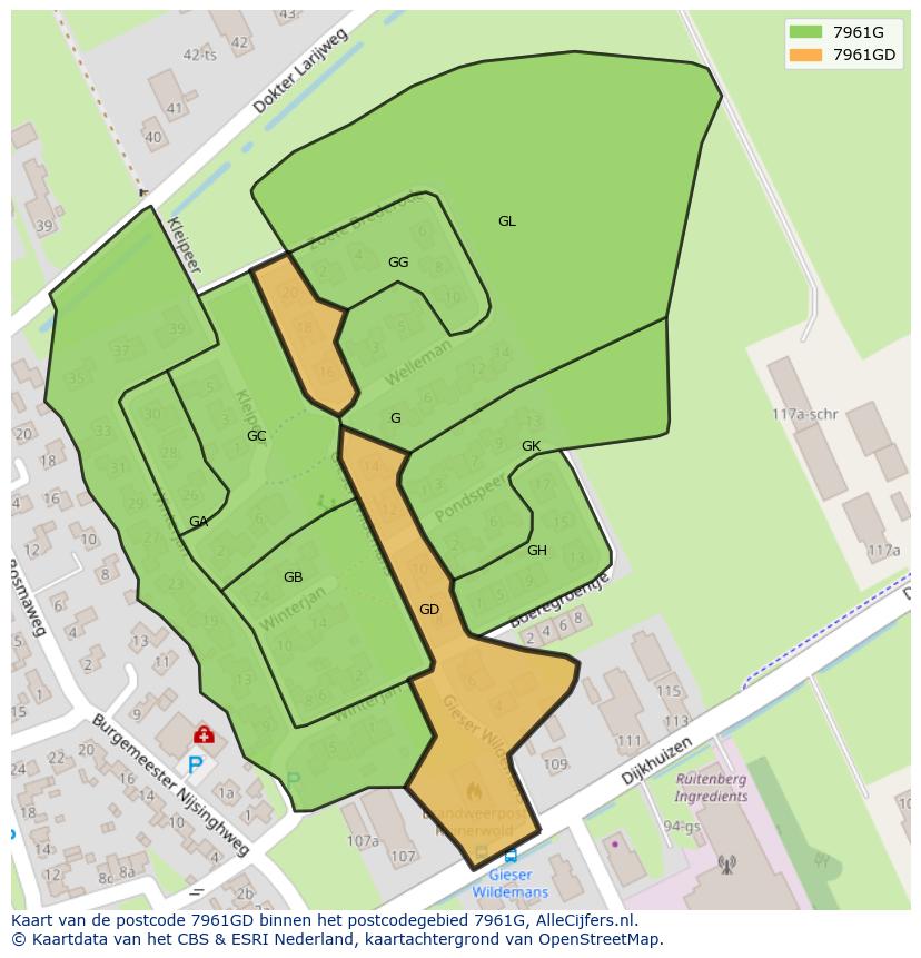 Afbeelding van het postcodegebied 7961 GD op de kaart.