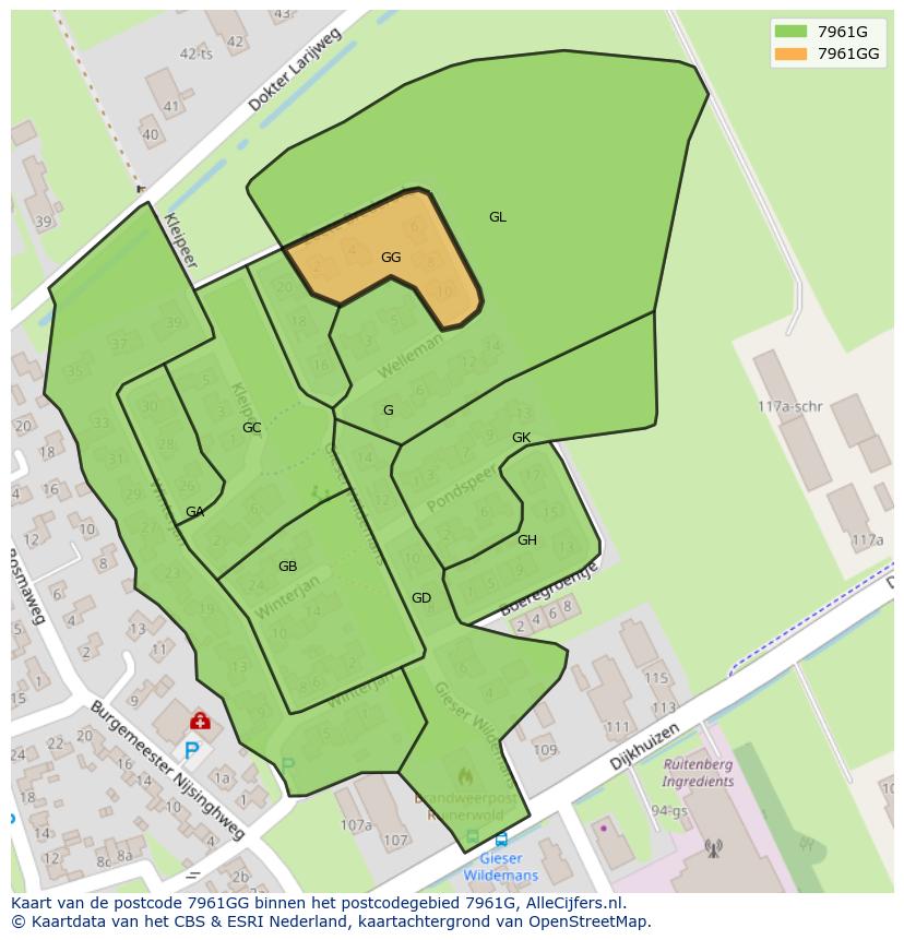Afbeelding van het postcodegebied 7961 GG op de kaart.