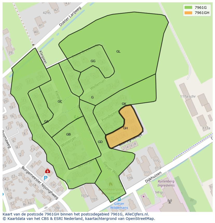 Afbeelding van het postcodegebied 7961 GH op de kaart.