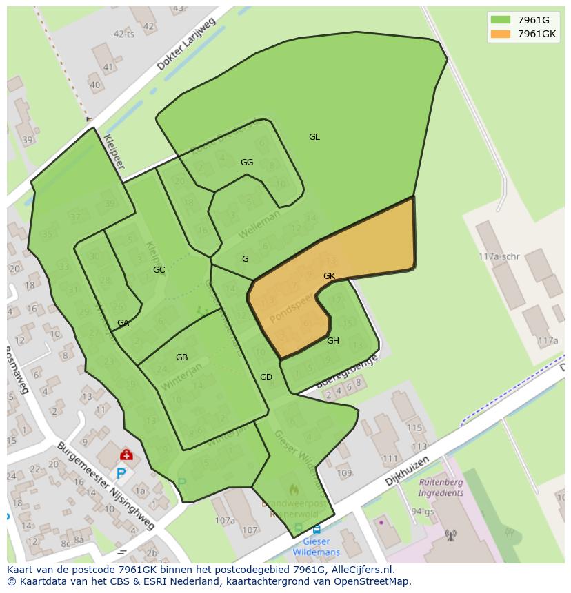 Afbeelding van het postcodegebied 7961 GK op de kaart.