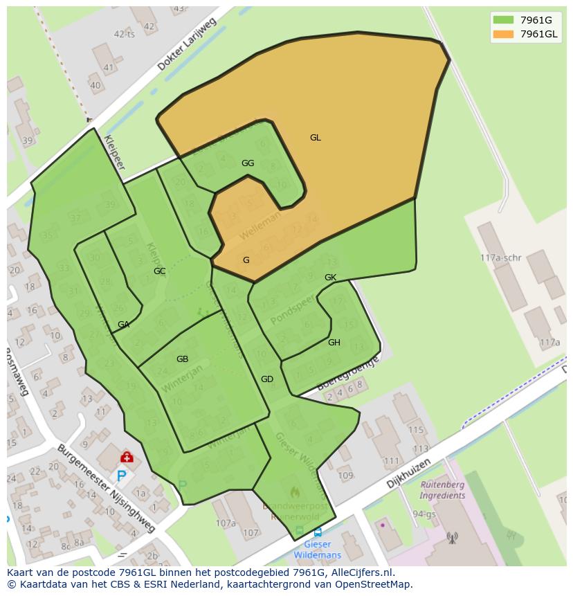 Afbeelding van het postcodegebied 7961 GL op de kaart.
