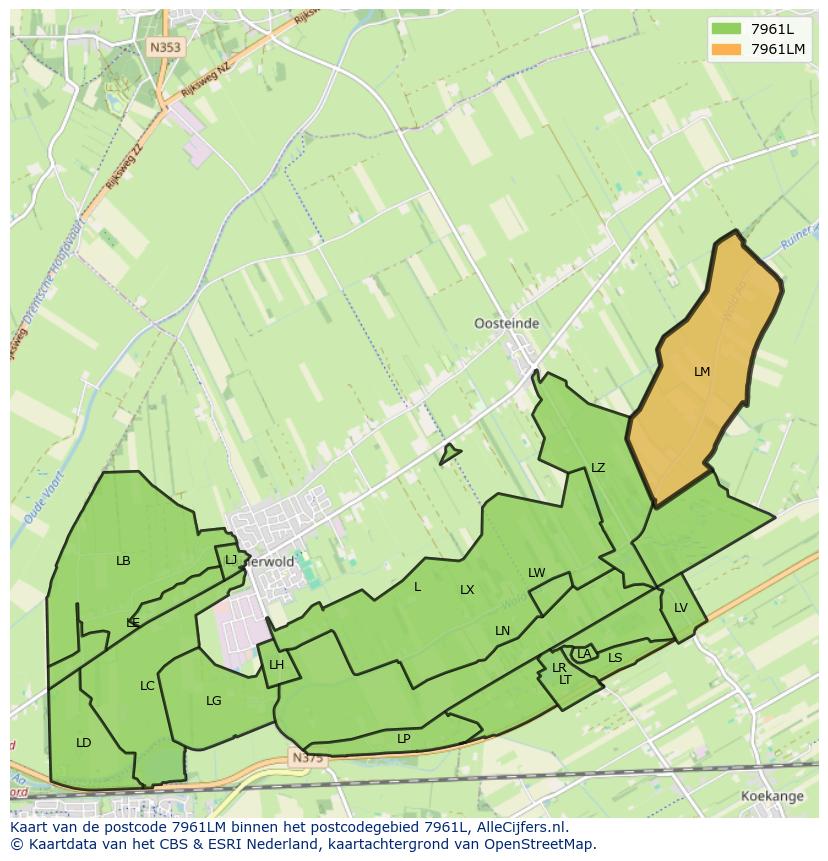Afbeelding van het postcodegebied 7961 LM op de kaart.
