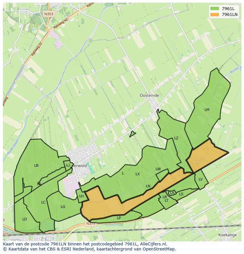 Afbeelding van het postcodegebied 7961 LN op de kaart.